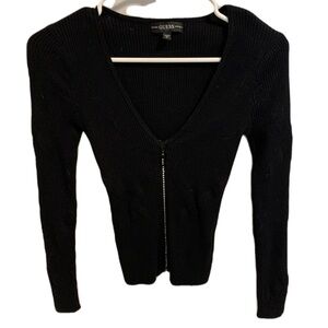 GUESS Black Ribbed Knit Rhinestone Zip-Up Cardigan Top - XS